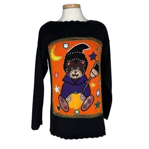 VTG 1990s YarnWorks Embroidered Halloween Sweater M Teddy Bear Witch Button Eyes
